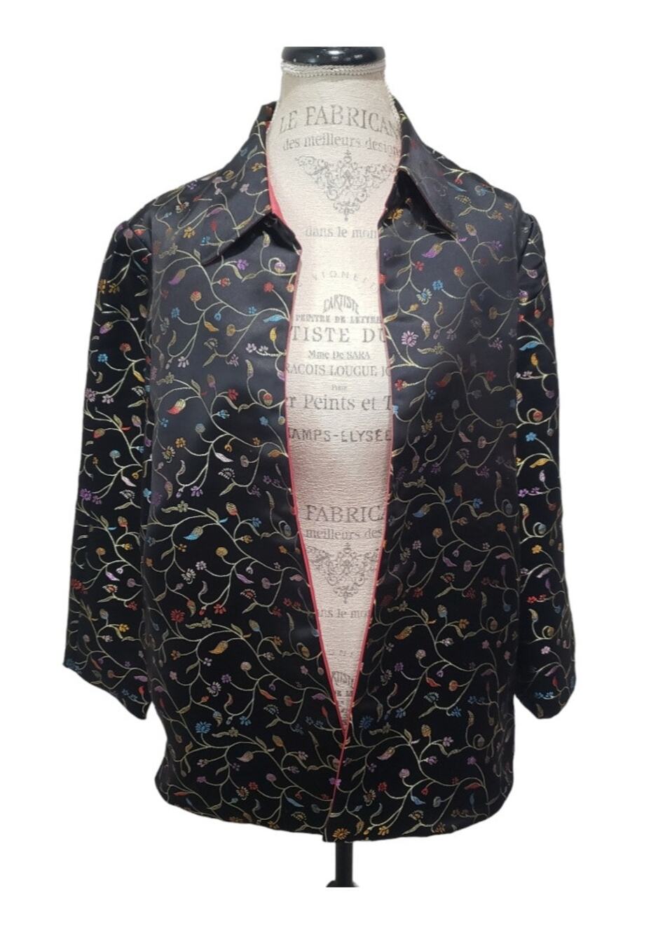 Robert Louis Lined Black Metallic Floral Silk Blend Open Front Collared Jacket